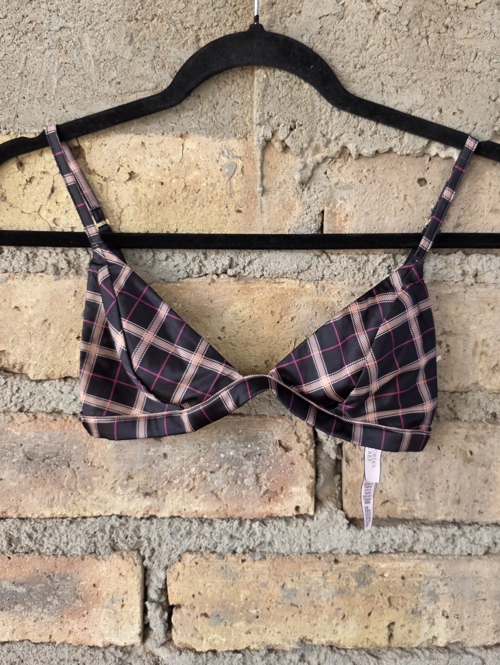Victoria’s Secret Black & Pink Plaid Satin Triangle Bralette - Small